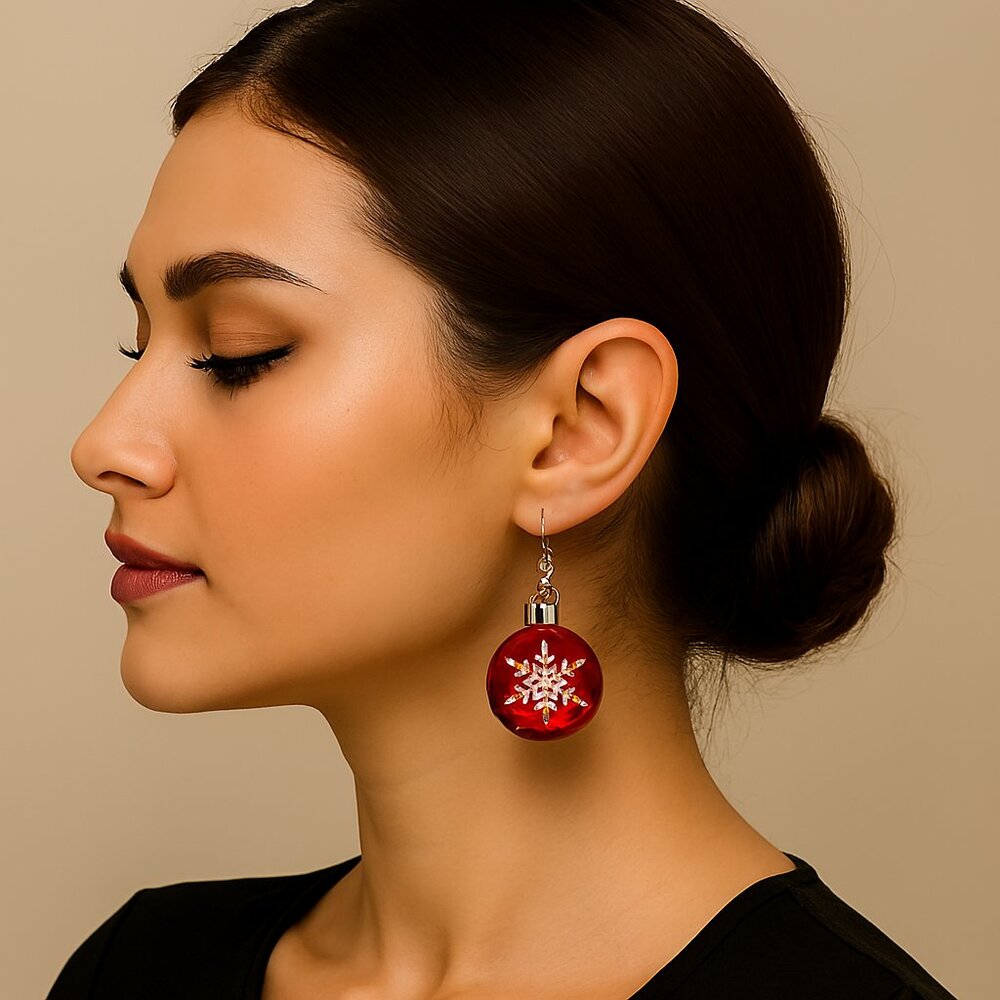 Christmas Ball Snowflake Ornament Earrings Dangle Red White 1.5" Drop